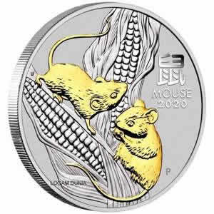 (PERDANA) 2020 Perth Mint Australia Lunar III Gilded Mouse 1 oz Silver Coin