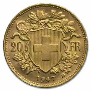 1947 Swiss 20 Francs "Vreneli" 6.45 gram Gold Coin 